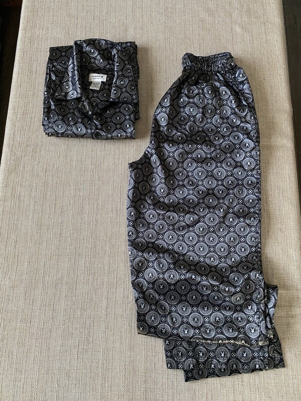 Vintage 90s Playboy Satin Bunny Print Pajama Lounge Set Hugh Hefner Size S